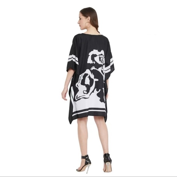 Floral Black & White Short Kaftan Tunic Kimono Cover Up Shirt Dress - Picture 7 of 12